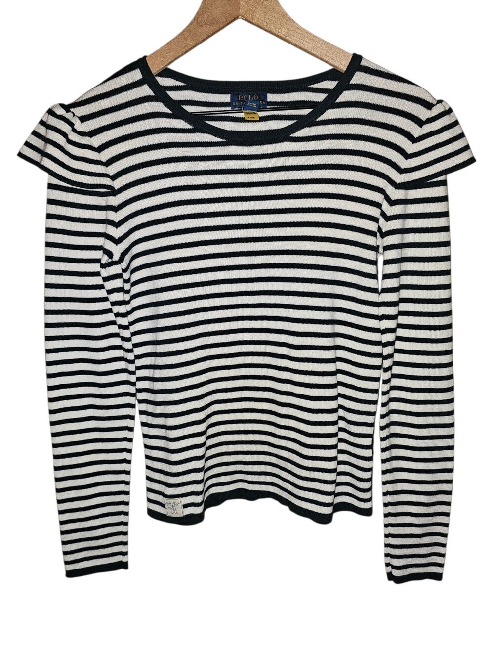 POLO RALPH LAUREN Classic Stripe Ribbed Ruffle Shoulder Long Sleeve Top - XL
